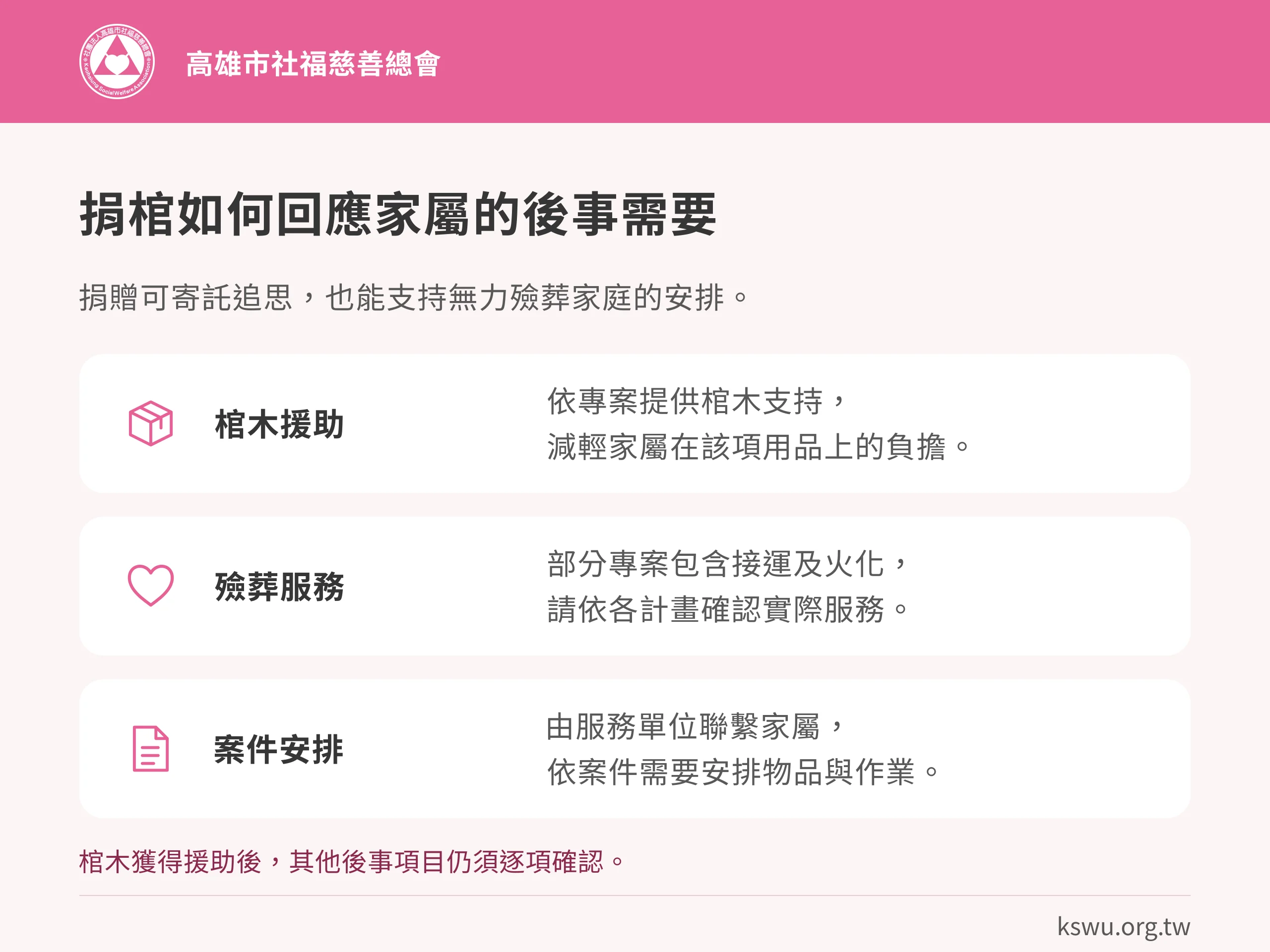 捐棺如何回應家屬的後事需要。棺木援助:依專案提供棺木支持,減輕家屬在該項用品上的負擔。殮葬服務:部分專案包含接運及火化,請依各計畫確認實際服務。案件安排:由服務單位聯繫家屬,依案件需要安排物品與作業。棺木獲得援助後,其他後事項目仍須逐項確認。